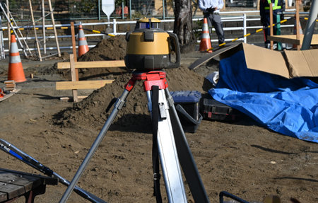 View of construction site for children's playground park play equipment. Construction work...