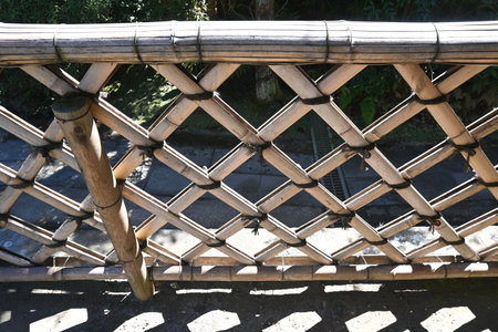 Japanese traditional bamboo hedge 'Koetsu-ji temple style hedge'. You can see through the gaps in...