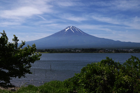 Tourism in Japan. Mount Fuji seen from Lake Kawaguchi in Yamanashi Prefecture in June. I'm looking forward to the mountain opening in July.の写真素材