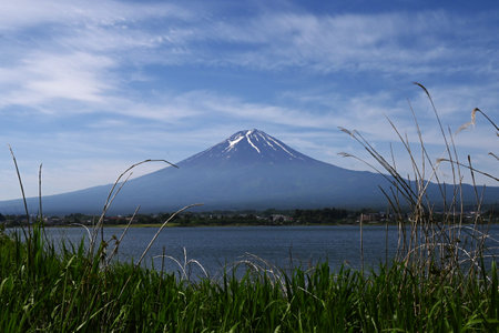 Tourism in Japan. Mount Fuji seen from Lake Kawaguchi in Yamanashi Prefecture in June. I'm looking forward to the mountain opening in July.の写真素材