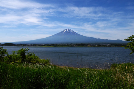 Tourism in Japan. Mount Fuji seen from Lake Kawaguchi in Yamanashi Prefecture in June. I'm looking forward to the mountain opening in July.の写真素材