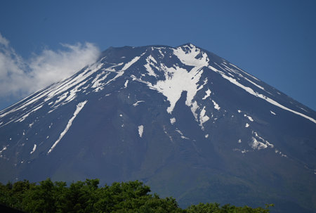 Tourism in Japan. Mount Fuji seen from Lake Kawaguchi in Yamanashi Prefecture in June. I'm looking forward to the mountain opening in July.の写真素材