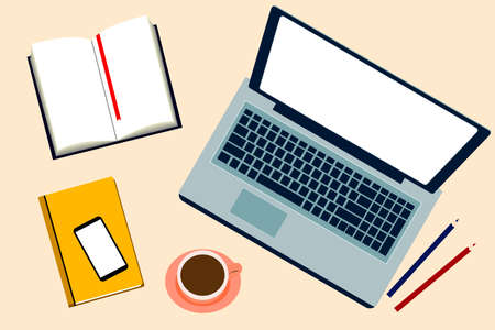  Home office vector illustrations, Desktop with laptop, books, coffee ,smartphone, graphic tablet. Notepad. Pastel concept, Top view. online lifestyle concept. Online education, work at home conceptのイラスト素材