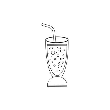 Carbonated drink in a cocktail glass with a straw. Vector illustration isolated on a white background. Outline, line, icon drawing. のイラスト素材