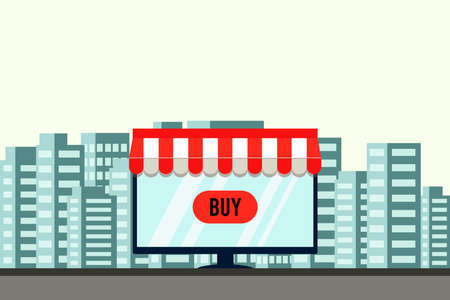 Modern buying online. Technology background. Store, vector illustration. Website information. Computer monitor. Online payment. Digital purchase, lifestyle, marketing. Web design, technology. City.のイラスト素材