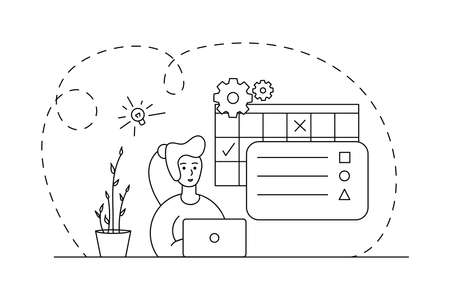 Work at home concept design. Freelance woman working on laptop at her house. Vector illustration isolated, white background. Online study, education. Sitting at the table. Outline, line, doodle style.のイラスト素材
