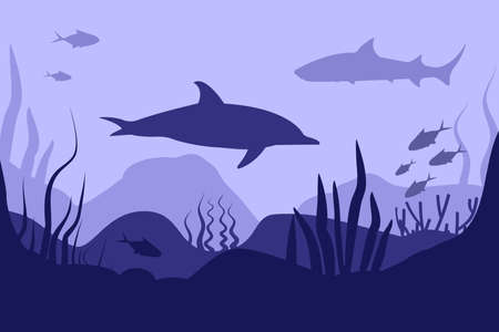 Seabed in abstract style on deep blue background. Sea landscape. Flat cartoon. Underwater world. Nature landscape template. Beautiful poster for concept design. Background. Abstract wallpaper.のイラスト素材