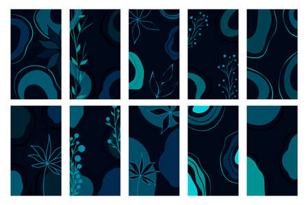 Collage templates for media frame. Set of simple print for social media stories. Creative minimal templates for story with abstract colorful shapes, scribble, line, drawing. Dark blue color.のイラスト素材
