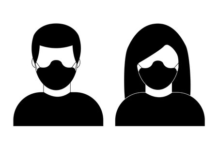 Man and Woman in medical face protection mask. illustration for disease, sickness. Vector icon of people wearing protective surgical mask.のイラスト素材