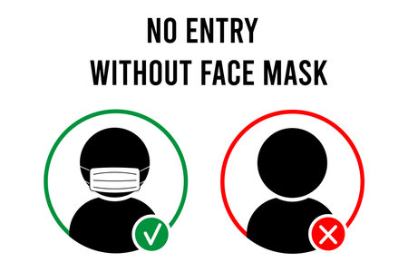 No entry without face mask sign. No face mask no entry. Icon. Warning sign. Vector front door plate. Vector illustration.のイラスト素材