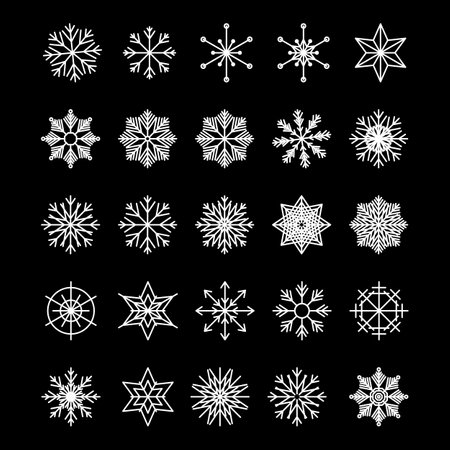 Icon set of snowflake, isolated on a black background. Trendy outline symbols. Pack of icons in line style. Merry Christmas. Happy New Year. Winter. Vector illustration.のイラスト素材