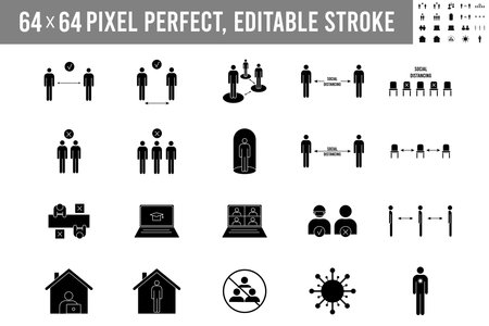 Simple Set of social distancing icon. Icons, self quarantine, stay home, work from home, avoid crowded place, space. Keep your distance. 64x64 pixel perfect, editable stroke vector illustration.のイラスト素材