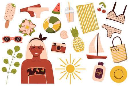 A set of summer things for the beach. Travel to a sunny country. Happy girl in a bikini is resting at the sea. A woman in a swimsuit sunbathes and relaxes near the water. Summer rest. vectorのイラスト素材