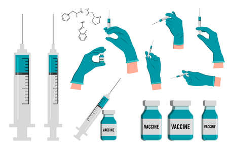doctor hand wear glove holding syringe with needle shot for injection, vial of medicine with syringe and ampoule with vaccine or medicine. Doctor hands making an injection. Vaccination.のイラスト素材