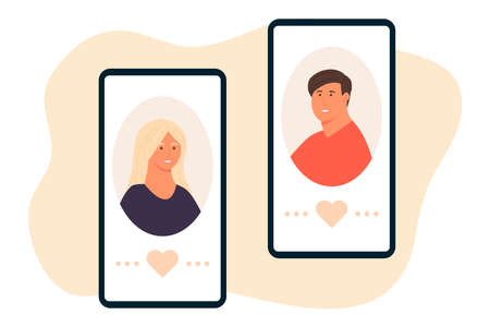 Man and woman lovers via online in mobile phone dating app. Flat vector illustration. Online dating during coronavirus, long social distance couple, virtual relationships. love via smartphone.のイラスト素材