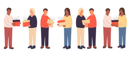 Collection of happy people. Give each other gifts. A woman gives a man a gift. The guy gives the...