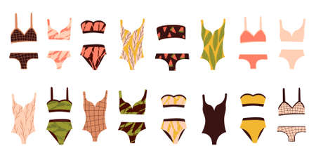 A set of bathing suits for a girl and a woman. bathing clothes. Summer swimsuit. Clothes for a trip to the sea. Sunbathe on the beach. Collection of vector illustrations.のイラスト素材