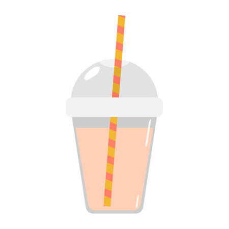 Summer cold drink. Take-away non-alcoholic cocktail. Juice in a disposable plastic cup with lid and straw. Vector stock illustration in flat style.のイラスト素材