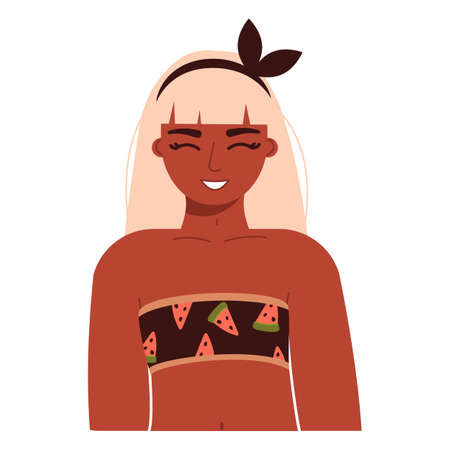 Girl in a swimsuit on vacation. Woman with dark skin in beachwear. Adorable smiling young African American woman with pink flowing hair. isolated background. Vector stock illustration in flat style.のイラスト素材