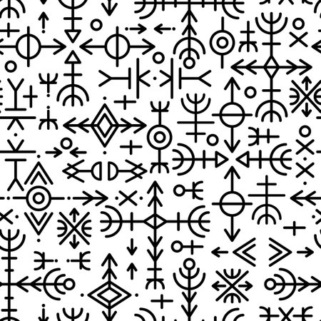 Ethnic Norwegian Icelandic seamless pattern. Runic talismans of the Vikings and northern peoples. Magic and magical runes. Pagan signs. Futhark repeatable background. Vectorのイラスト素材