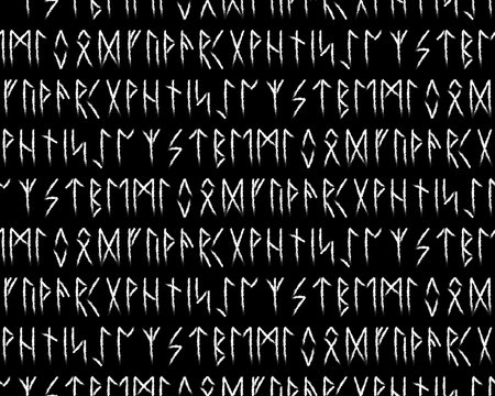 Ethnic Norwegian Icelandic seamless pattern. Runic talismans of the Vikings and northern peoples. Magic and magical runes. Pagan signs. Futhark repeatable background. Vector illustration.の写真素材