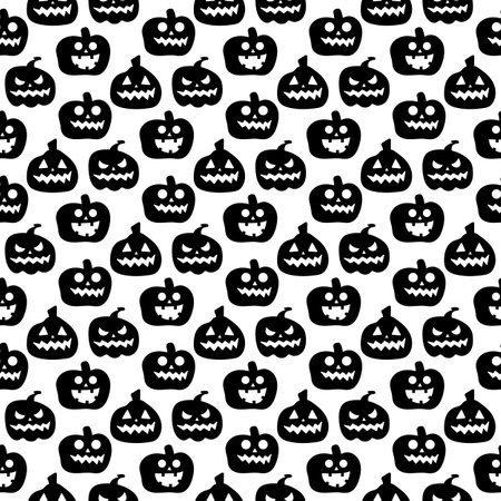 Seamless repeating pattern with Halloween symbols. Design of silhouettes for the holiday Halloween. for postcard, fabric, banner, template, wrapping paper. Vector flat illustration.のイラスト素材