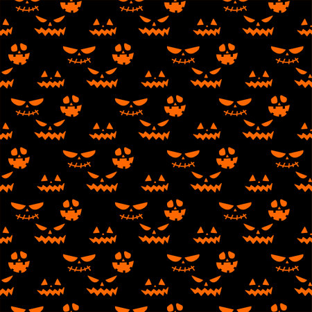 Seamless repeating pattern with Halloween symbols. Design of silhouettes for the holiday Halloween. for postcard, fabric, banner, template, wrapping paper. Vector flat illustration.のイラスト素材