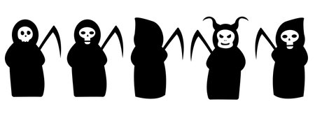 Collection of reapers with braids and black dress. Death with horns in cartoon style. Reaper with a skull cheerful in a costume for the holiday Halloween. Vector illustration.のイラスト素材