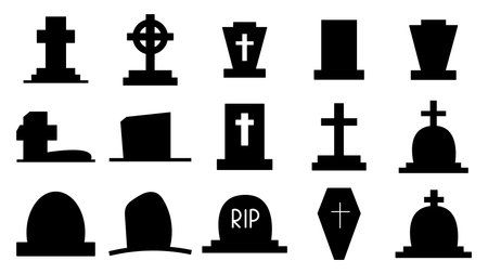 Collection of dark silhouettes of tombstones. Icons of graves, monuments with crosses. Tomb with a cross and gravestones. Death and burial symbol. Vector illustration isolated.のイラスト素材