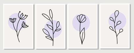 Abstract elements, minimalistic simple floral elements. leaves and flowers. Collection of art posters in pastel colors. design for social networks, postcards, prints. Outline, line, doodle style.のイラスト素材