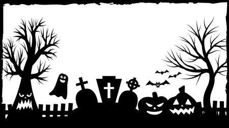 Halloween party invitations or greeting cards banner with traditional Halloween symbols. Flyer with place for text sample with texture in a simple grunge frame. Vector illustration in black and white.のイラスト素材