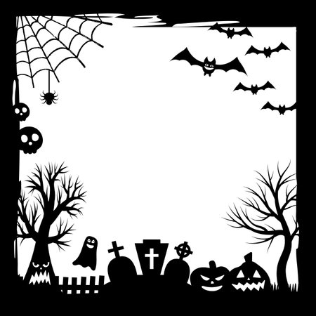 Banner for the holiday. Happy Halloween party. Trick or treat. Pattern with a texture in a simple grunge frame with a spiders web. Vector illustration in black and white.のイラスト素材