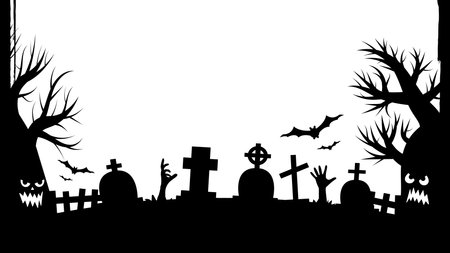 Halloween party invitations or greeting cards banner with traditional Halloween symbols. Flyer with place for text sample with texture in a simple grunge frame. Vector illustration in black and white.のイラスト素材