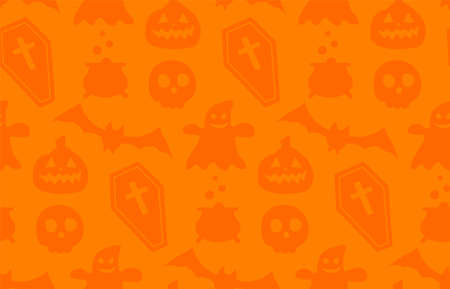Seamless repeating pattern with Halloween symbols. Design of silhouettes for the holiday Halloween. for postcard, fabric, banner, template, wrapping paper. Vector flat illustration.のイラスト素材