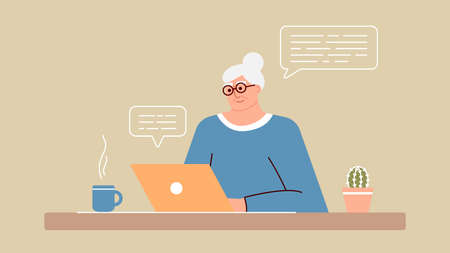 Senior woman studies and studies modern technologies using a laptop. A positive smiling grandmother sits at a computer, communicates on the Internet online and learns new things. An adult is working.のイラスト素材