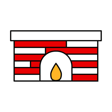 Burning red brick fireplace. An element for the celebration. Editable Christmas and New Year icon in flat style. Vintage traditional sticker. Vector illustration.のイラスト素材