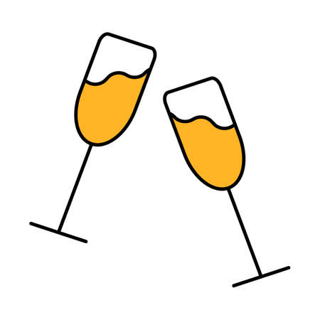 Two glasses of champagne clink glasses. Element to the celebration of the holiday and congratulations. Editable Christmas and New Year icon in flat style. Vintage traditional sticker. Vector.のイラスト素材