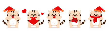 Cute little tigers cats in a flat style. The symbol of the Chinese New Year 2022. An animal with a Christmas cap, with a gift in a box, with a heart. An angry sullen white tiger sits and stands.のイラスト素材