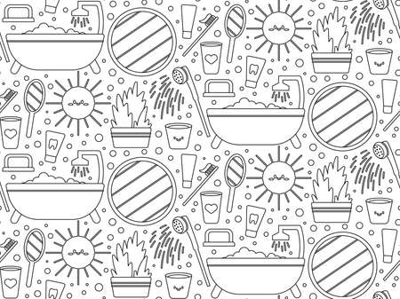 Seamless repeating bathroom pattern with shower and personal care items. Morning and evening routine. Vector illustration.のイラスト素材