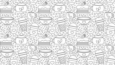 Seamless repeating pattern with drinks and desserts for cafe menu. Print for a shop with tea and coffee and a hot drink. Vector illustration.のイラスト素材