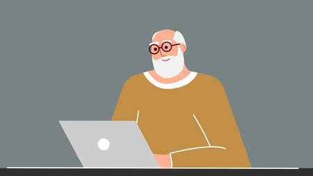 Senior man studies and teaches modern technologies using a laptop. A positively smiling grandfather sits at a computer, communicates on the Internet and learns new things. The adult works. Vector.のイラスト素材