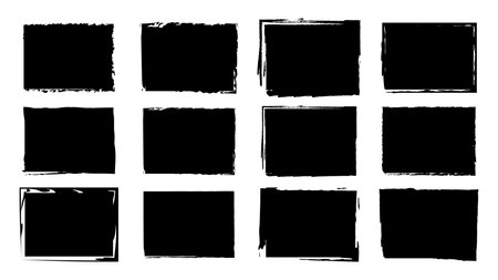 Dirty frames for design in grunge style. Ink brush strokes. A set of distress textures of a square or rectangular shape. Isolated backgrounds for design of text frames, posters, banners. Black, white.のイラスト素材