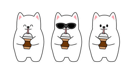 Collection of different cute little cats on a white background. Kawaii set of funny animal characters design in cartoon style. Pet cat. Baby stickers. Vector illustration.のイラスト素材