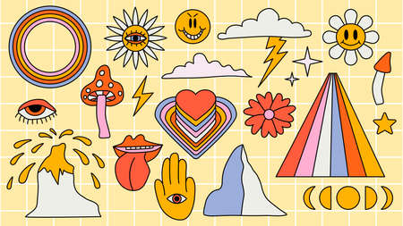 Set of hipster retro cool psychedelic elements. A collection of groovy cliparts from the 70s. editable stroke. Abstract design of cartoon stickers. Trend vector illustration.のイラスト素材
