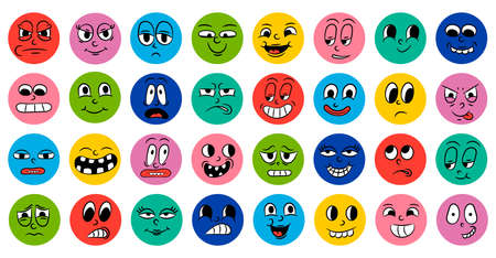 Set of cartoon comic funny faces in retro style with different expressions of emotions. Abstract round icons of heads of emotional characters. Emoji people animation in 50s 60s style. vectorのイラスト素材