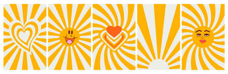 Set of hipster retro cool psychedelic elements. A collection of groovy cliparts from the 70s. acid wave rainbow backgrounds in 1970s 1960s hippie style. Abstract design of cartoon. Trend vectorのイラスト素材