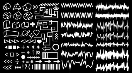 Collection of brutalism simple geometric form elements. A set of different acid base shapes and textures for templates. Modern memphis style. Digital retro rave background. Vector editable strokeのイラスト素材