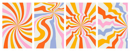 set acid wave rainbow line backgrounds in 1970s 1960s hippie style. carnival wallpaper patterns retro vintage 70s 60s groove. psychedelic poster background collection. vector design illustrationのイラスト素材