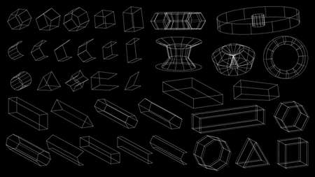 Set of abstract geometric technology elements in cyberpunk style. Retro vintage collection 3d...