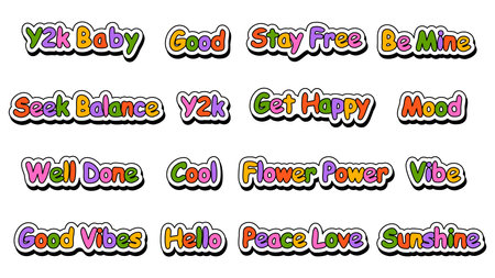 Set of hipster retro cool slogans and phrases. A collection of groovy word stickers with a 70s 60s font vibe. Cute patches with y2k text. Illustration of vector isolated letters and lettering.のイラスト素材